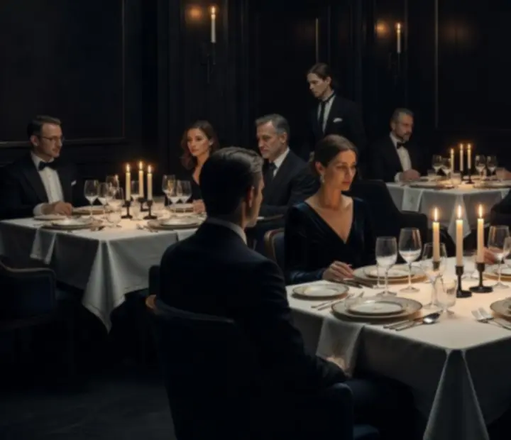 Wieczorna, nastrojowa sala restauracyjna Nova Stivo z elegancko nakrytymi stołami.