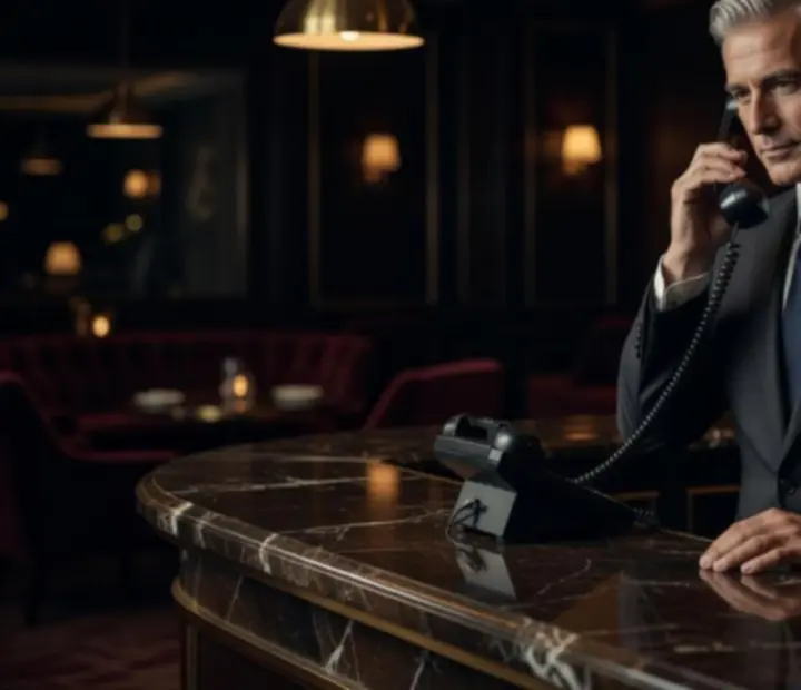 Concierge Nova Stivo odbierający elegancki telefon w sprawie rezerwacji.
