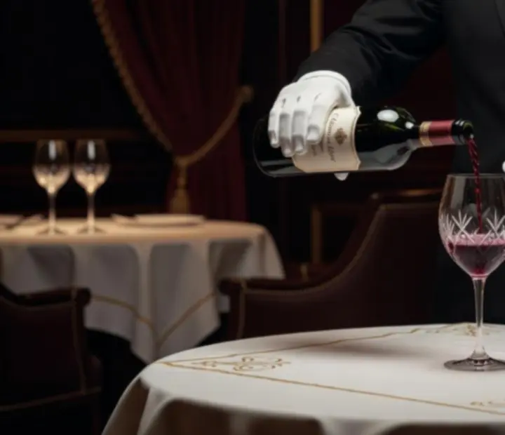 Sommelier nalewający czerwone wino do kryształowego kieliszka