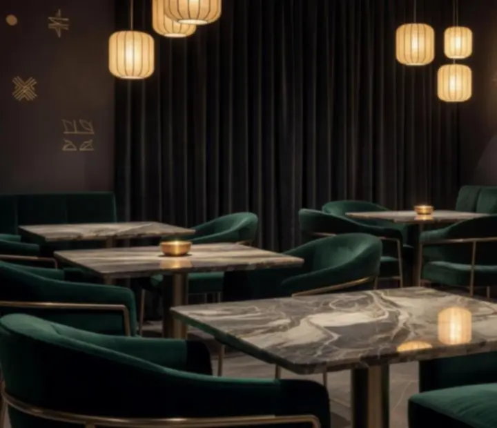 Eleganckie, przyciemnione wnętrze restauracji Nova Stivo z miękkim światłem i luksusowymi tkaninami.